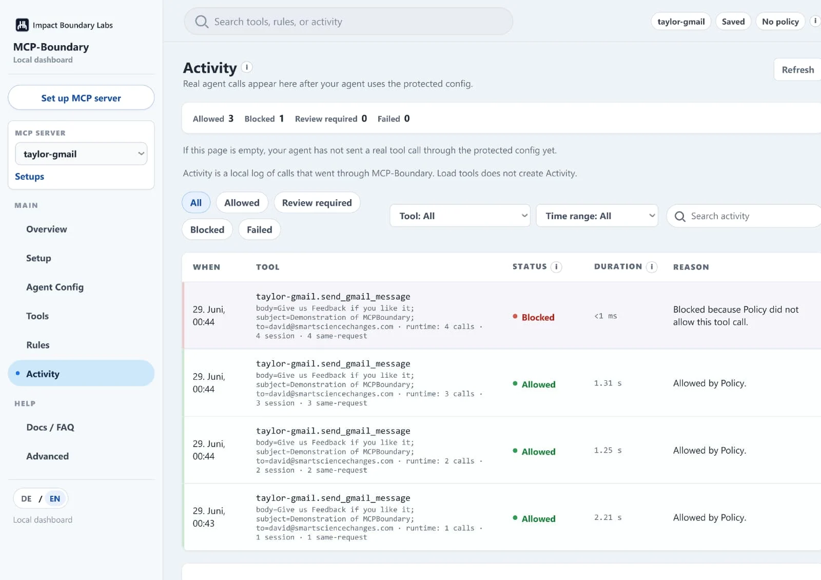 MCP Boundary dashboard activity log: the same send_gmail_message call is allowed three times, the fourth call is blocked by policy